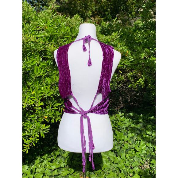 90s Crushed Velvet Festival Top Purple Boho Hippie Embroidery Tie Back Coachella - Picture 4 of 9